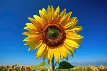 Vibrant yellow petals and dark center shine brightly against a clear blue sky, featuring a single, tall, and statuesque sunflower in full bloom.