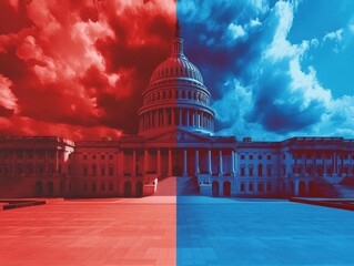 Divided Capitol Building with Red and Blue Sky - Political Concept Image.