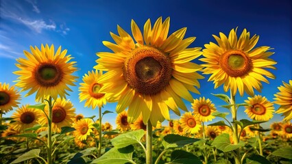 Vibrant yellow sunflowers stand tall against a clear blue sky, their bright petals and dark centers creating a stunning, natural, and warm summer landscape background.