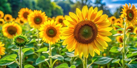 Obraz premium Vibrant yellow sunflowers burst with joy amidst lush greenery, evoking feelings of warmth, optimism, and carefree serenity on a bright and sunny summer day.