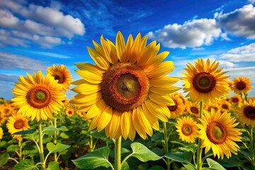 Fototapeta premium Vibrant yellow sunflowers stand tall against a soft blue sky, their bright petals and dark centers creating a stunning natural backdrop for summer themes.