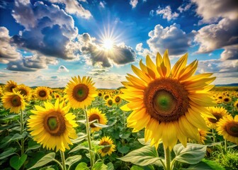 Obraz premium Vibrant yellow sunflowers sway gently in a lush green field, basking in warm sunlight, with a clear blue sky and fluffy white clouds in the background.