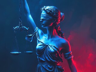 Lady Justice Statue in Neon Blue and Red Light, Abstract Legal Concept