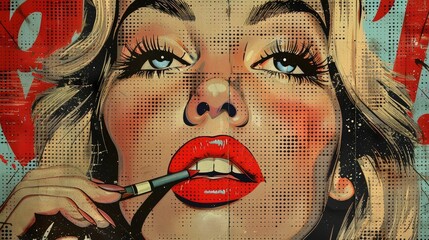 Close-up of a woman's face in a retro comic book style, with bold red lips and a cigarette.