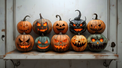 Halloween pumpkins with carved face isolated on light background, modern surrealistic grunge style. Copy space. Cool template for your Halloween party invitation card, poster, banner, wallpaper etc.