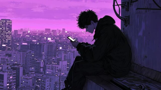 Neon Nights: Anime Boy on a Rooftop with a Mobile Phone in a Fantasy City