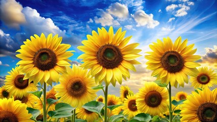 Obraz premium Vibrant yellow sunflowers with dark centers and delicate petals sway gently in a whimsical arrangement, set against a soft blue sky with wispy white clouds.