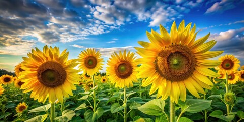 Obraz premium Vibrant yellow sunflowers with dark centers and delicate petals swaying gently in a lush green field under a clear blue summer sky.
