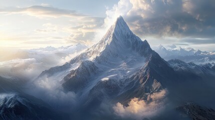 Majestic Snowy Mountain Peak with Clouds at Sunset - Dramatic Landscape Photography.