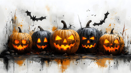 Halloween pumpkins with carved face isolated on light background, modern surrealistic grunge style. Copy space. Cool template for your Halloween party invitation card, poster, banner, wallpaper etc.