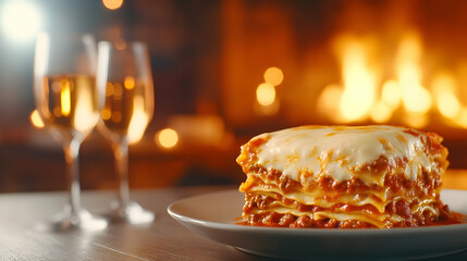 Delicious lasagna served on a plate with sparkling wine in the background, warm ambiance with a cozy fire.