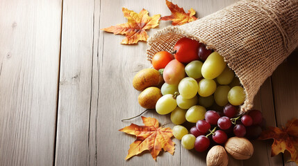 Traditional Thanksgiving.A cornucopia filled with fall fruits and vegetables arranged on a wooden table, soft natural light, open space