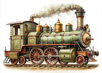 Naklejka premium Vintage illustration of a classic steam locomotive with intricately detailed wheels, chimney, and carriages, set against a white background with subtle texture and scratches.