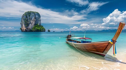 Fototapeta premium Longtail boat on the beach in Krabi province, Thailand.