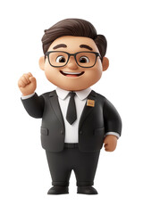 Happy and confident 3D cartoon businessman in suit, smiling and giving thumbs up gesture. This character embodies positivity and professionalism, perfect for business related themes