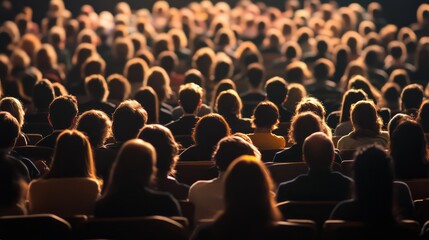 A large audience listening attentively to a speaker in a dimly lit auditorium, highlighting the sense of community and engagement.
