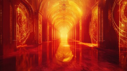 Abstract Red and Yellow Glowing Archway Corridor with Reflective Floor.