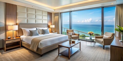 Luxury hotel bedroom with modern interior design and large windows overlooking the ocean