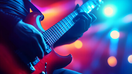 Obraz premium Electric guitar player performing with vibrant stage lights in the background.