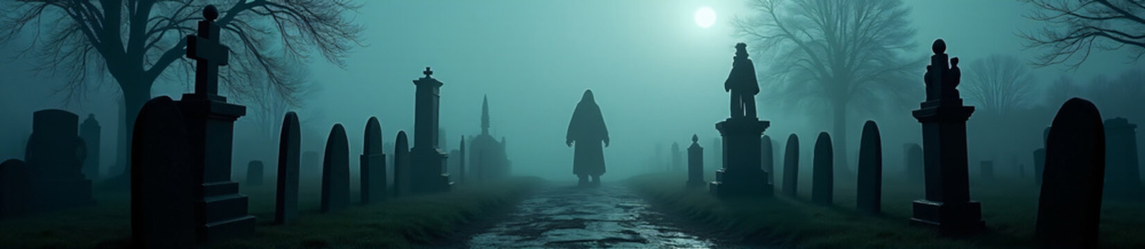 oggy graveyard at night, with old, crooked tombstones, eerie statues, and a ghostly figure or two rising from the mist.
