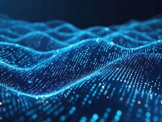 Abstract Blue Binary Code Waves, Digital Technology Background, Futuristic Data Flow, Cyber Network, AI Concept.