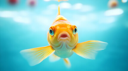 A vibrant goldfish swimming gracefully in clear blue water, showcasing its colorful fins and playful personality.