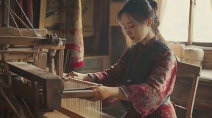 Naklejka premium A woman dressed in traditional attire operates a wooden loom in a warmly lit room, weaving fabric with focused care and skill.