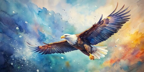 Obraz premium Mesmerizing watercolor of a majestic flying eagle , wildlife, nature, bird, eagle, wings, sky, painting, majestic, beautiful