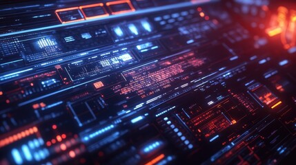 Obraz premium Futuristic Digital Interface with Red and Blue Glowing Lines and Data Displays.