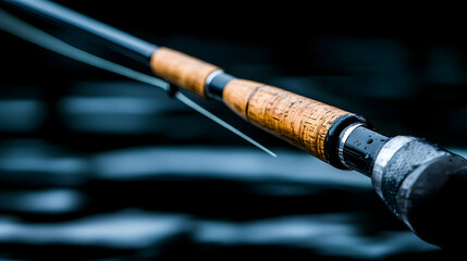 Naklejka premium Close-up of a fishing rod handle against a blurred water background.