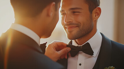 joyful moment during wedding day preparation, showcasing loving gay couple helping each other with their attire, radiating happiness and love