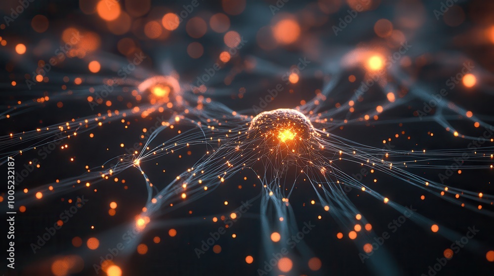 Poster abstract neuron network with glowing points and bokeh lights.