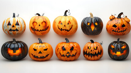 Set of scary Halloween pumpkins on light background, assorted different designs, mockup templates for artwork design, cool elements for your Halloween party invitation card, poster, banner, wallpaper.