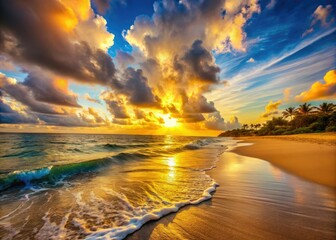 Warm golden light illuminates gentle waves and wispy clouds as the day's final rays fade over a tranquil, serene, and idyllic tropical beach at dusk.