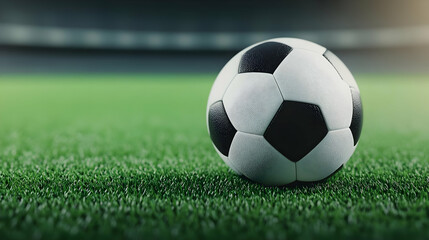 Fototapeta premium Close-up of a soccer ball on a vibrant green field, perfect for sports-related themes.