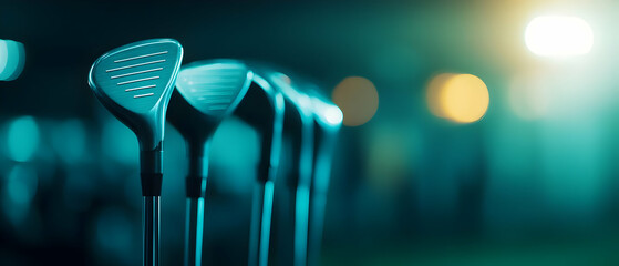 Close-up of golf clubs lined up with a blurred background, highlighting their design and craftsmanship.