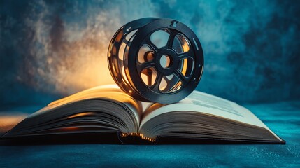An open book with a film reel on top, symbolizing the connection between literature and film adaptation.