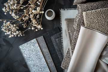 Elegant flat lay composition with textile and paint samples, lamella panels, tiles, in grey and black color palette for architect and interior designer moodboard