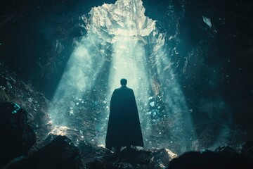 Obraz premium A Figure in a Cape Stands Before an Opening in a Cave