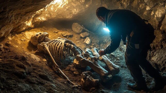 Archaeologist examines ancient human skeleton in a cave with a flashlight, revealing historic remains. Exploration and discovery in archaeology.