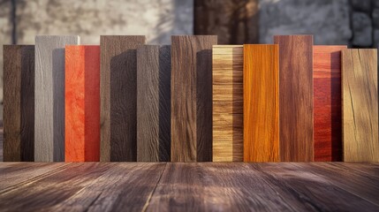 Assorted wooden plank samples in various colors and textures, displayed outdoors on a sunny day.