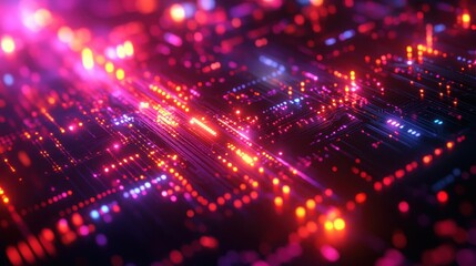 Abstract Neon Lights Circuit Board Technology Background with Bokeh Effects.