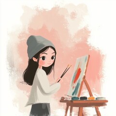 Fototapeta premium A young woman in a beanie hat paints on a canvas with brushes and watercolors.