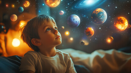 curious child in space themed bedroom gazes at floating planets and stars, filled with wonder and imagination. room is softly lit, creating dreamy atmosphere