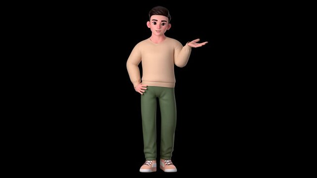 4k transparent alpha channel animation of man character presenting using his left hand, 3D Character video
