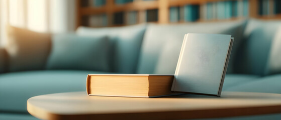 Cozy living room scene with a book on a wooden table in front of a comfortable sofa and a home library backdrop.