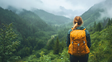 Naklejka premium woman with yellow backpack stands in lush green valley, surrounded by misty mountains. serene landscape evokes sense of adventure and tranquility
