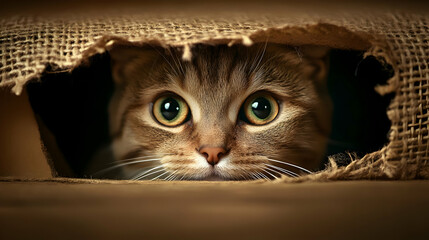 Curious cat peeking out from a cardboard box, expressive eyes shining with intrigue.