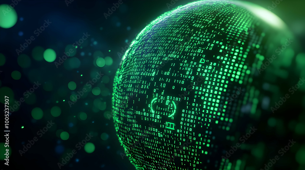 Poster digital globe with green binary code, showcasing data and information technology concepts.