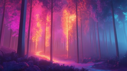 Obraz premium Enchanting forest path with vibrant, colorful trees illuminated by glowing purple and orange lights, creating a mystical atmosphere.